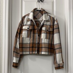 Cropped Plaid Women's Jacket in Brown and Cream